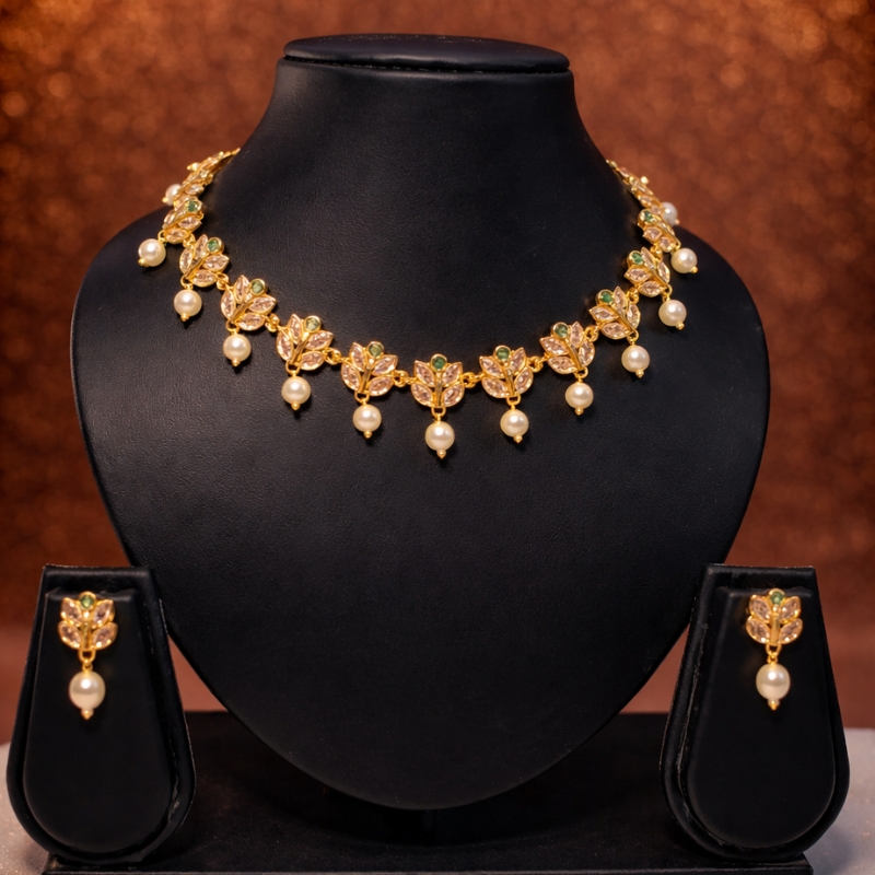 Leaf Pearl Drop Necklace Set - Image 2