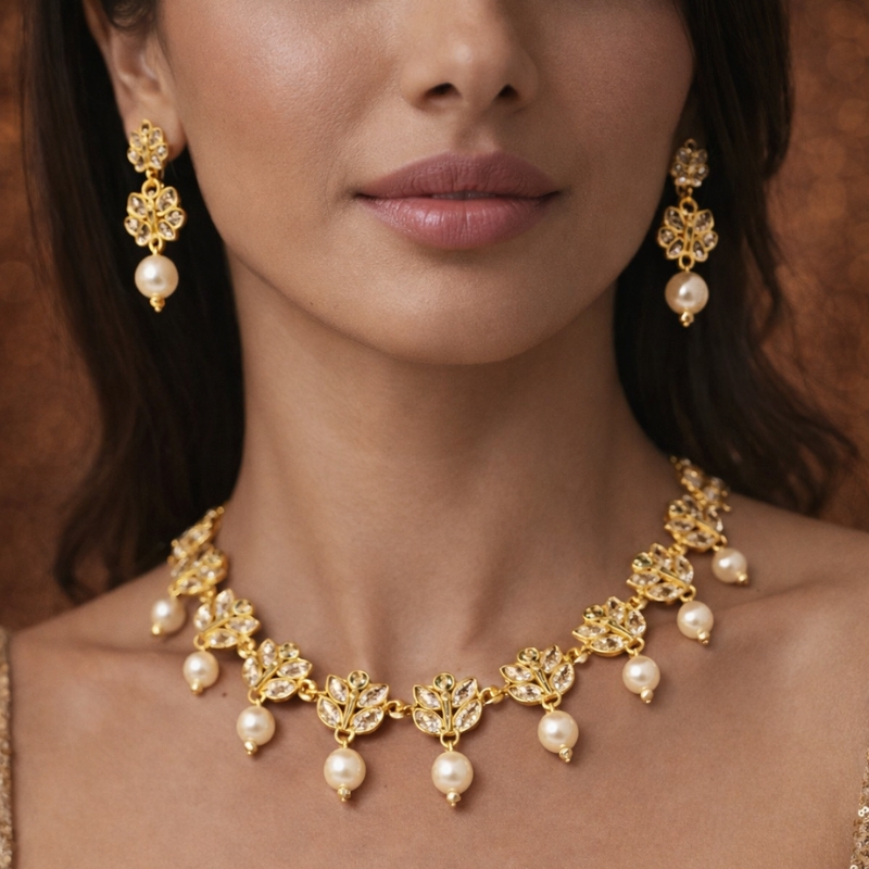 Leaf Pearl Drop Necklace Set